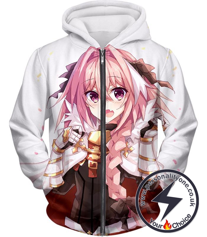 Fate Stay Night Cute Rider of Black Astolfo Extella White Zip Up Hoodie